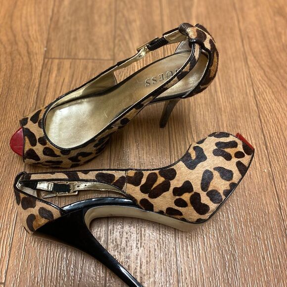 Y2K GUESS Pony Hair Leopard Print Red Patent Leather Peep Toe Heels Size 8 - Picture 5 of 11